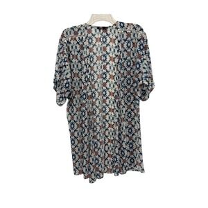 Cure Top Womens Large Wrap Ivory Blue Rust Geometric Sheer Lace Trim At Shoulder